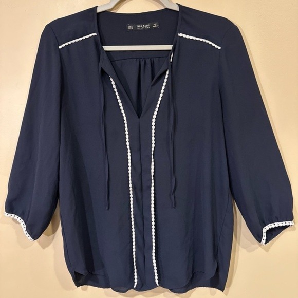 Zara Basic Collection Navy Blue Blouse Top 3/4 Sleeve‎ White Trim Medium - Picture 5 of 5